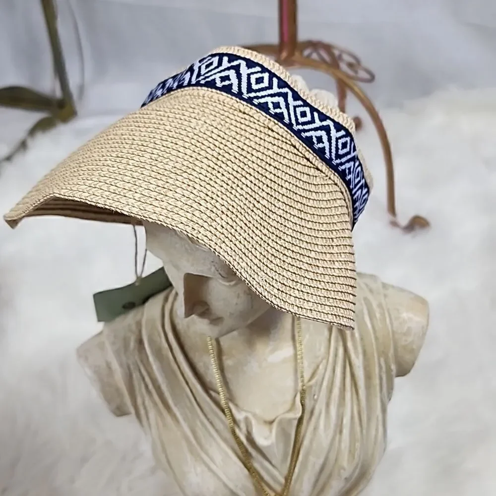 NWT Sea Grass Straw Visor with Navy and White Ribbon